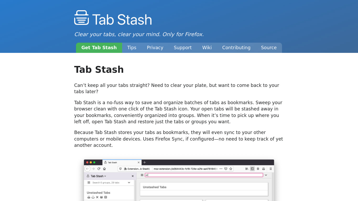 Tab Stash Landing page