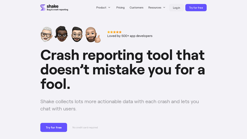 Shake Crash Reports Landing Page