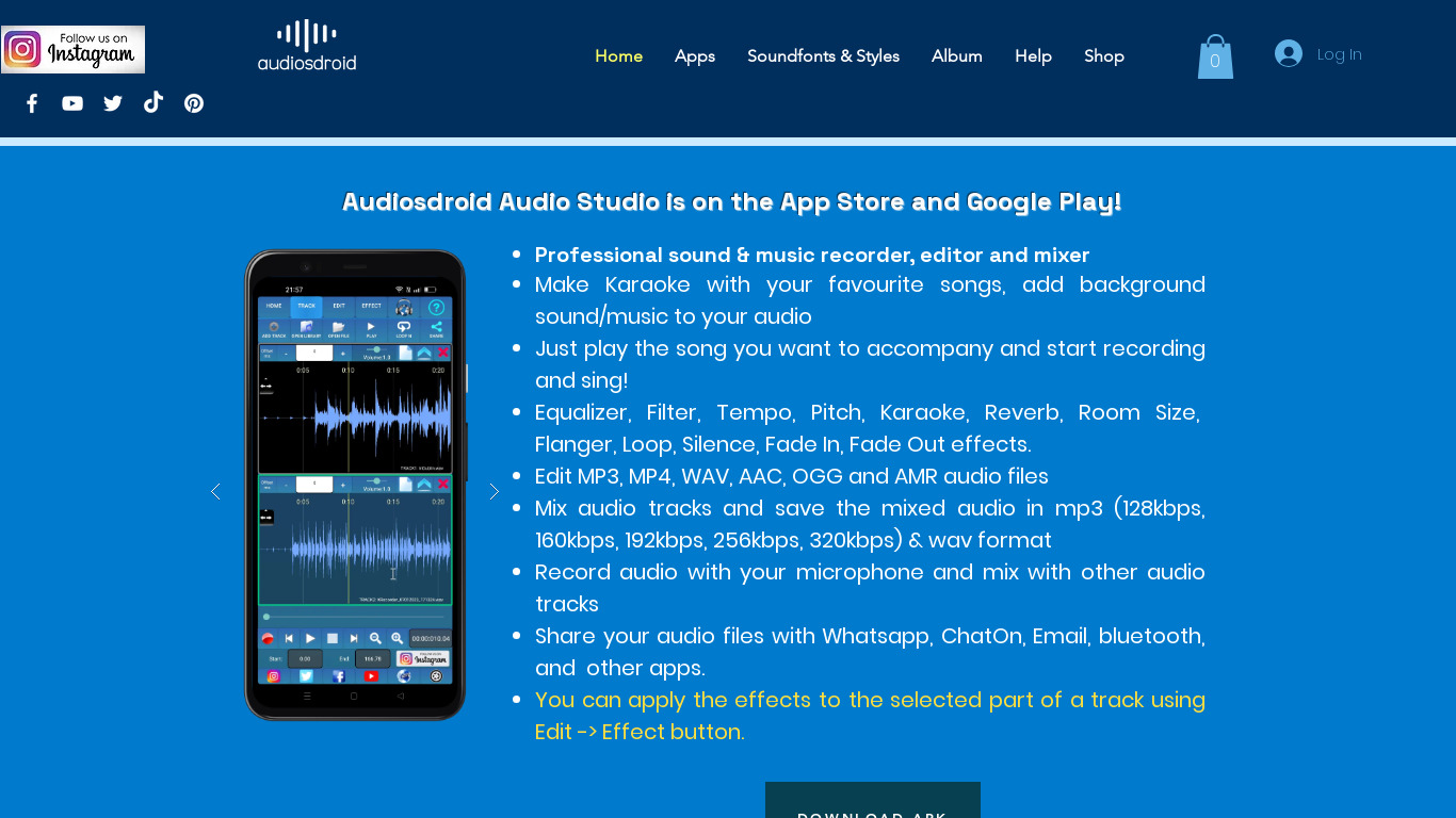 Audiosdroid Audio Studio DAW Landing page