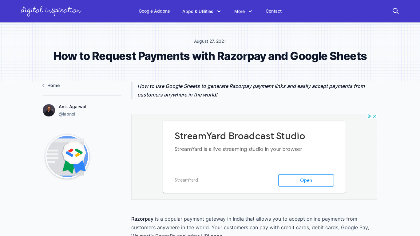 Razorpay Payments with Google Sheets Landing page