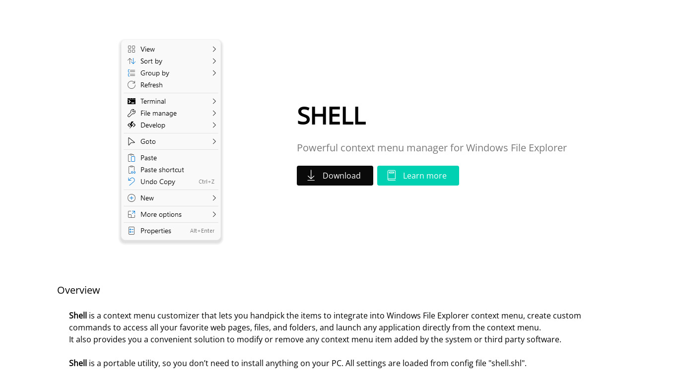 Shell context menu manager Landing page