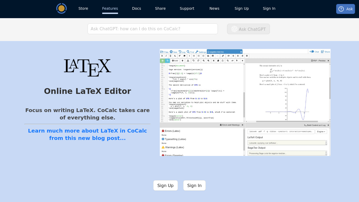 Cocalc Online LaTeX Editor Landing page