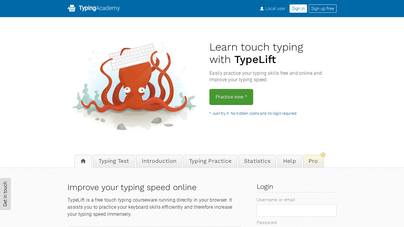Typing Academy Landing page