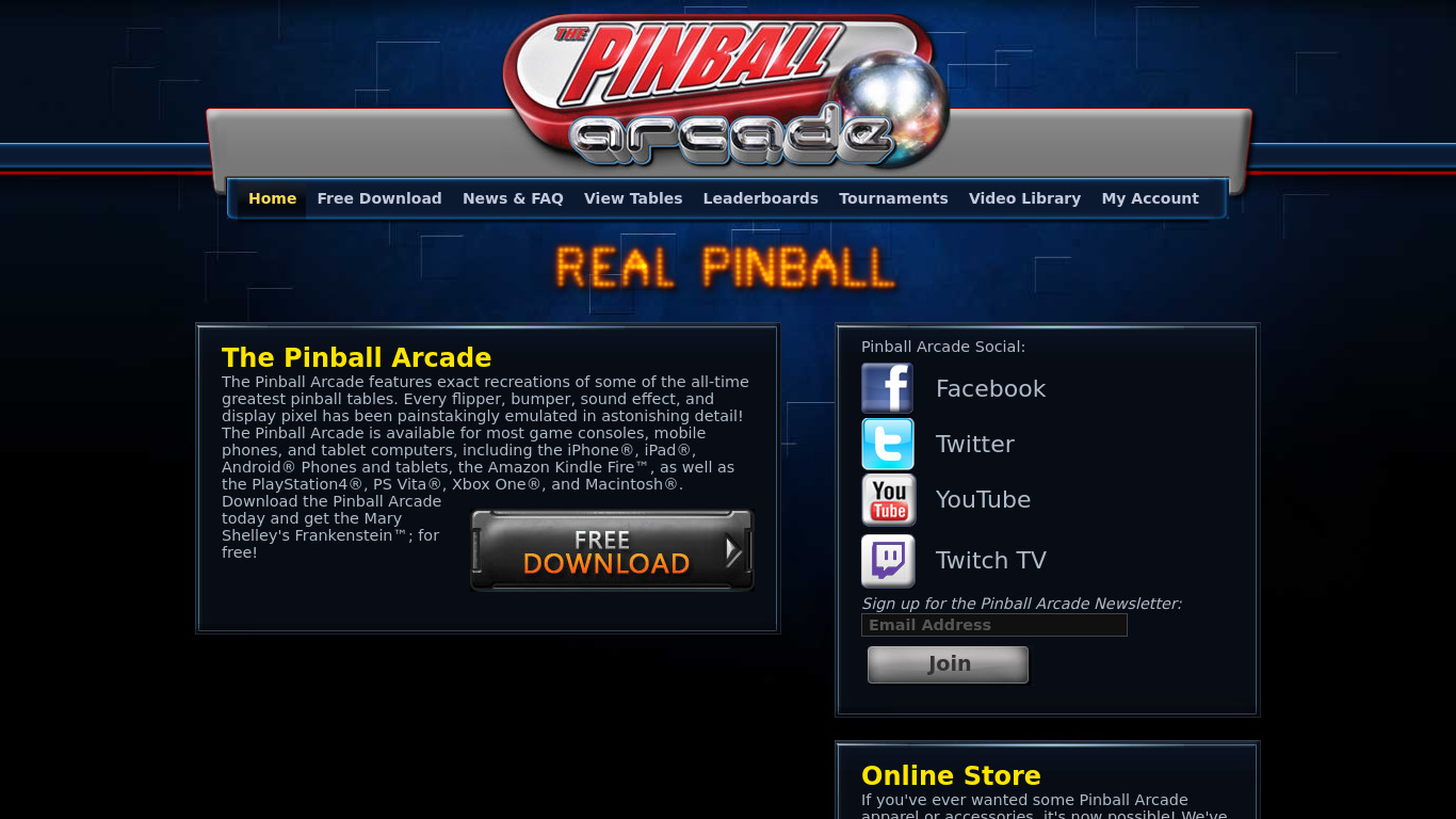 Pinball Arcade Landing page