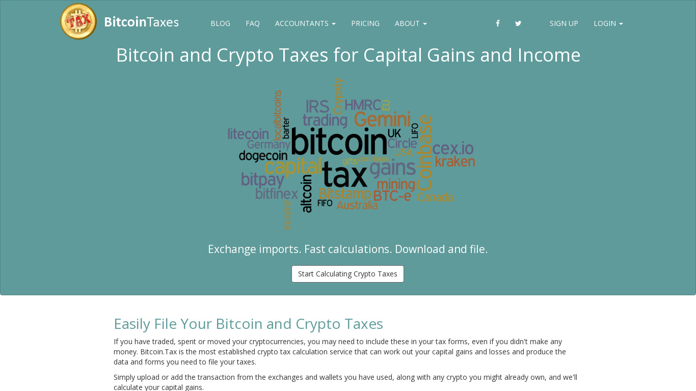 Bitcoin.Tax Landing page
