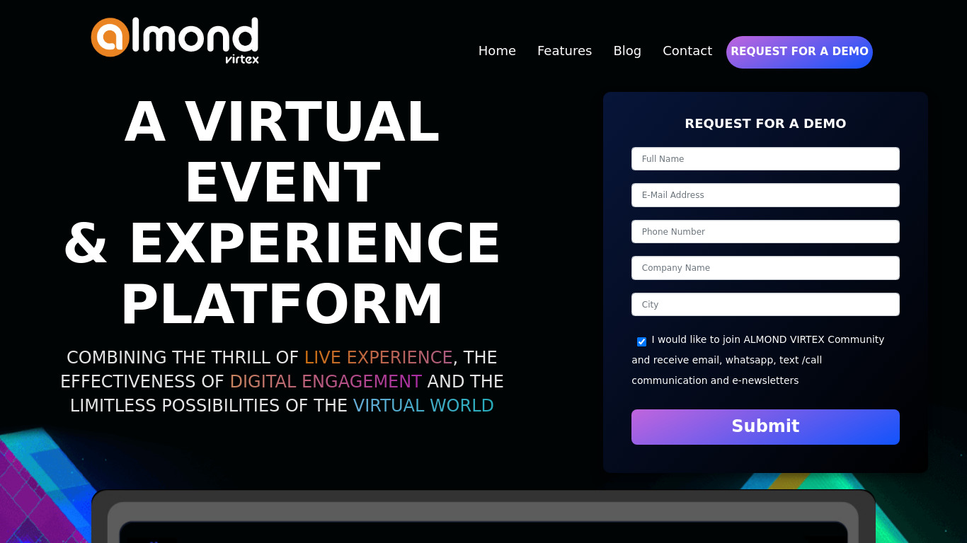 Almond Virtex Landing page