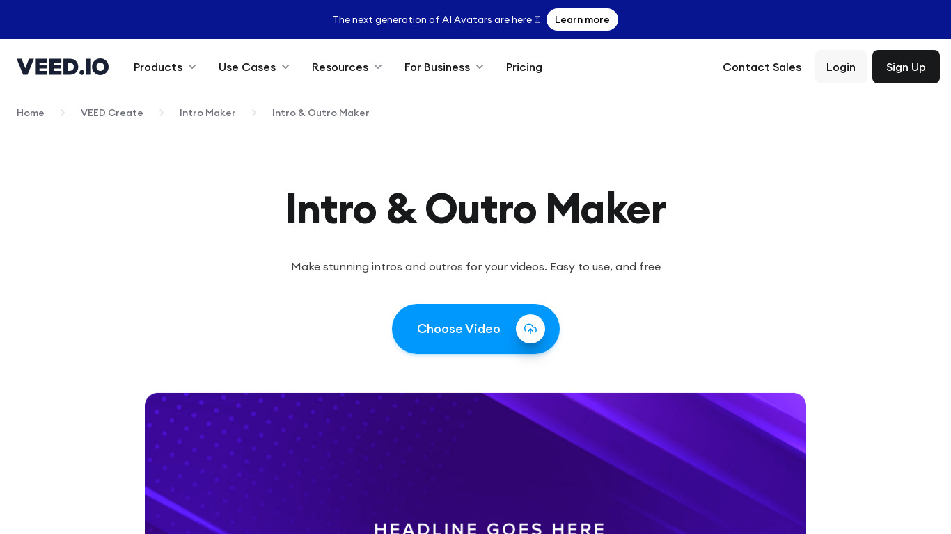 Veed Intro & Outro Maker Landing page