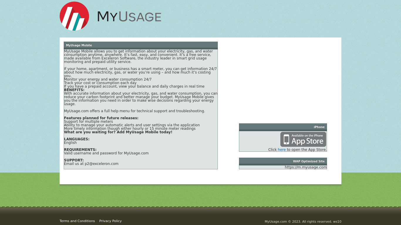 MyUsage Landing page