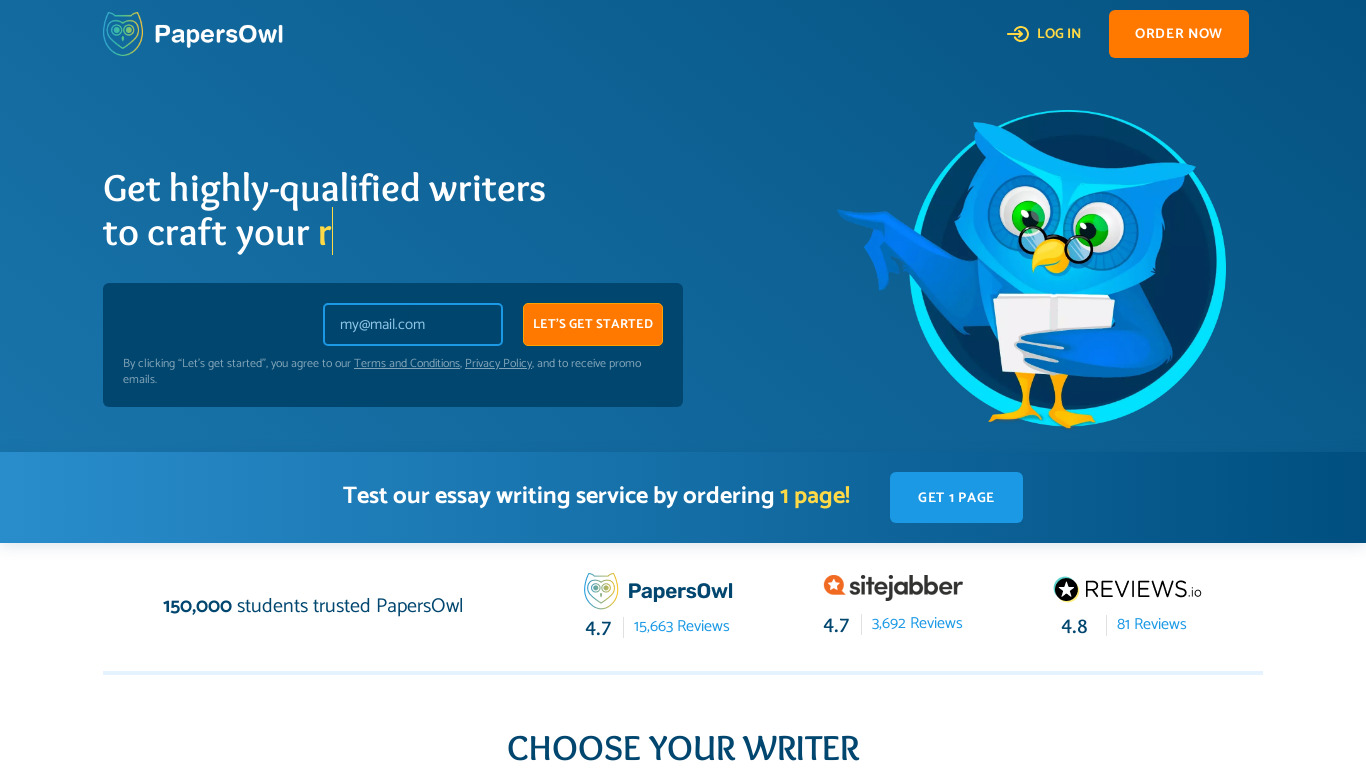 PapersOwl Landing page