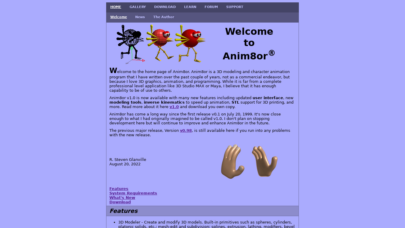 Anim8or Landing page