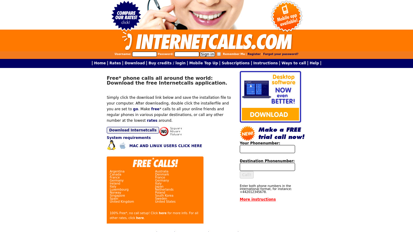 InternetCalls.com Landing page