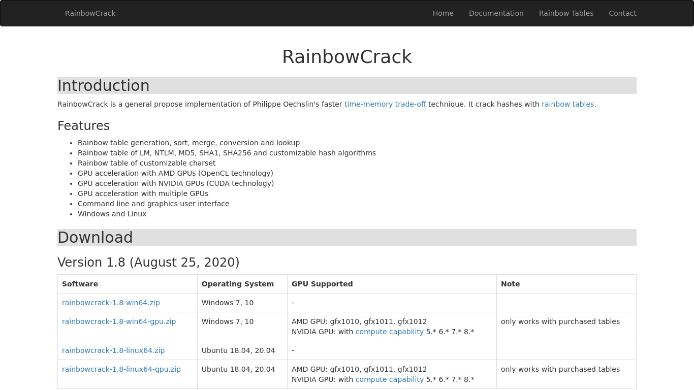 RainbowCrack Landing page