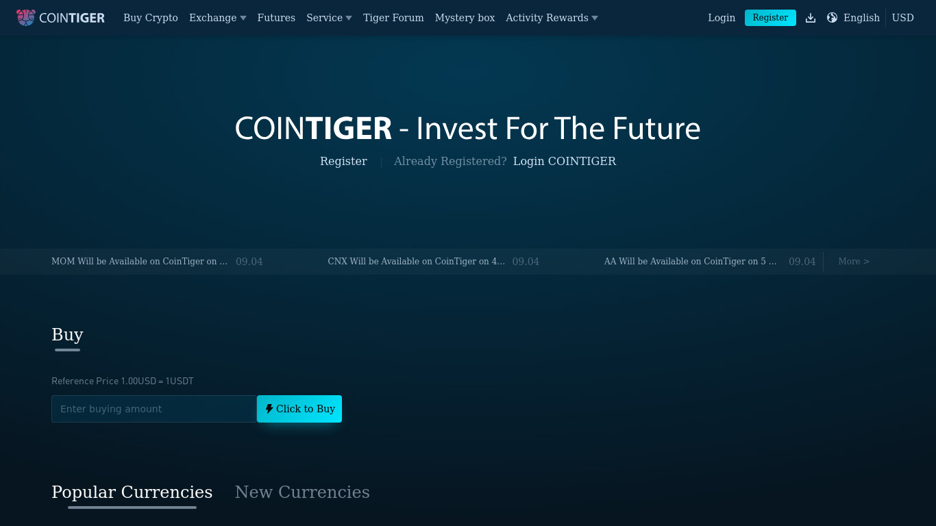 CoinTiger Landing page