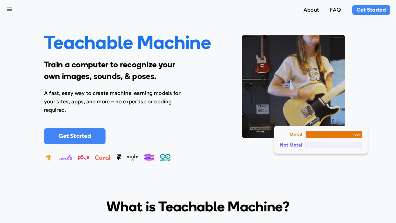 Teachable Machine Landing page