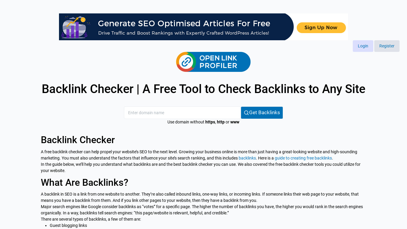 OpenLinkProfiler Landing page