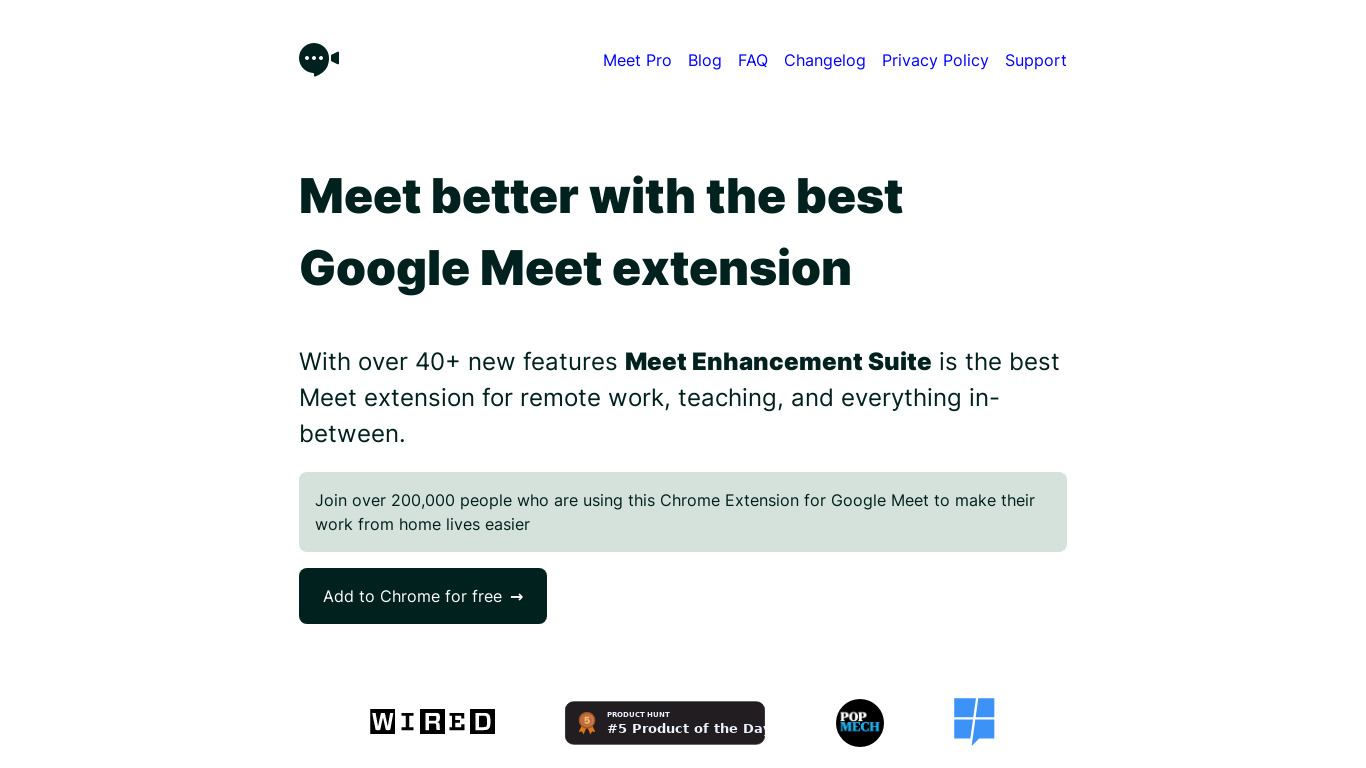 Google Meet Enhancement Suite Landing page