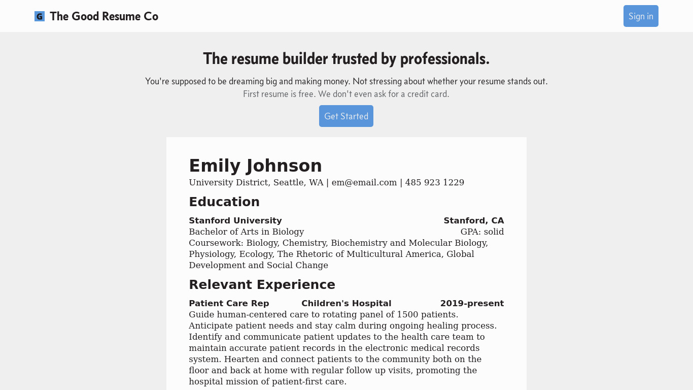 The Good Resume Co Landing page