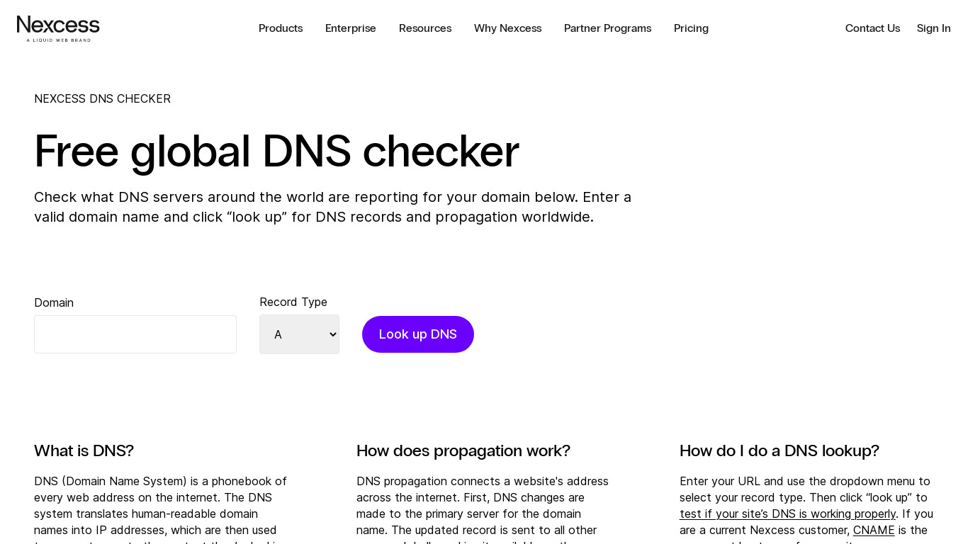 Nexcess Global DNS Checker Landing page