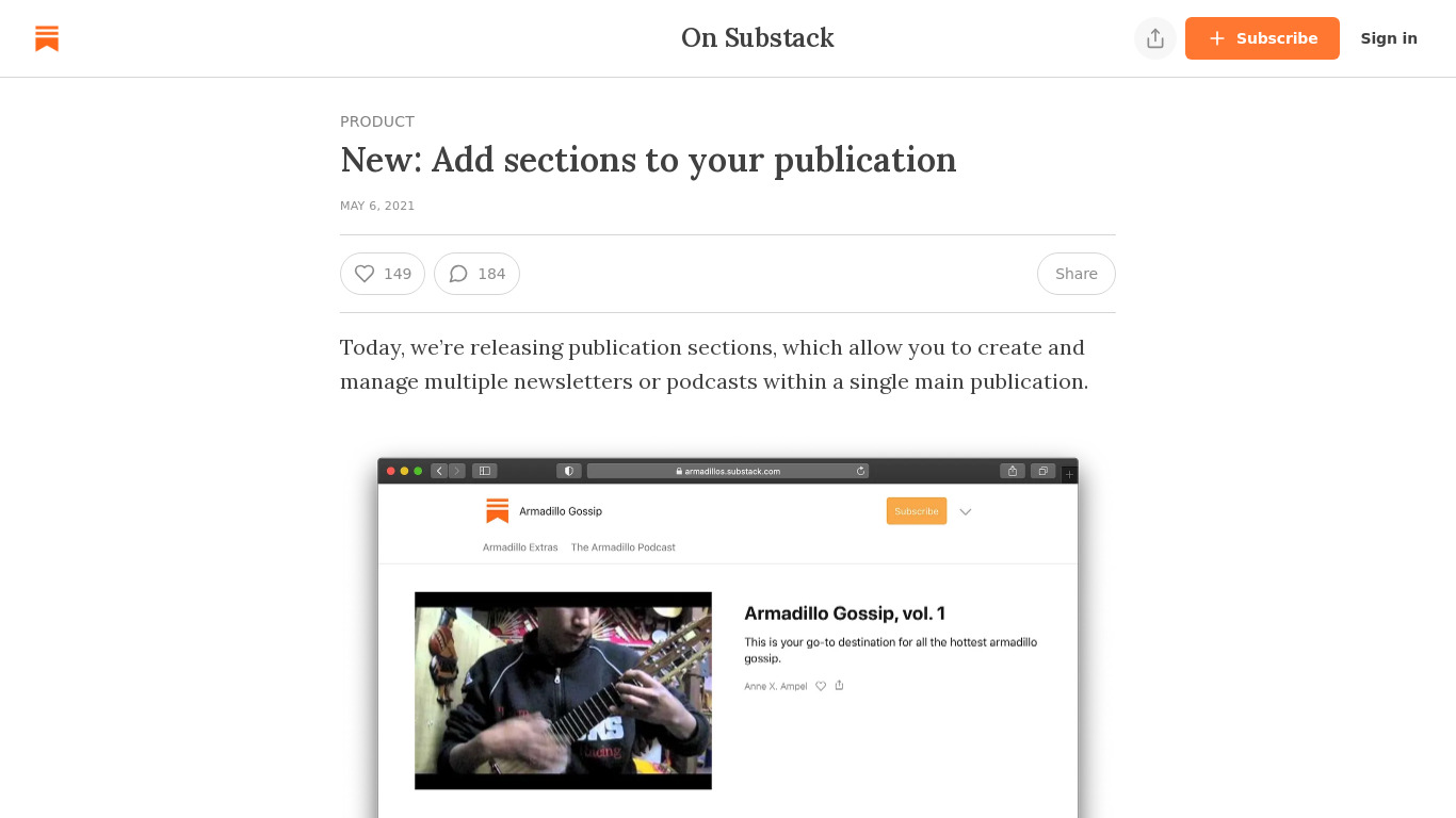 Sections by Substack Landing page