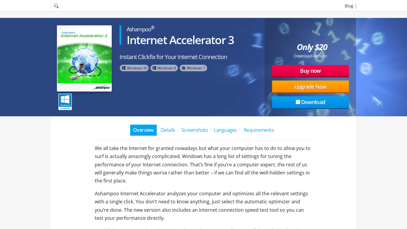 Ashampoo Internet Accelerator Landing page