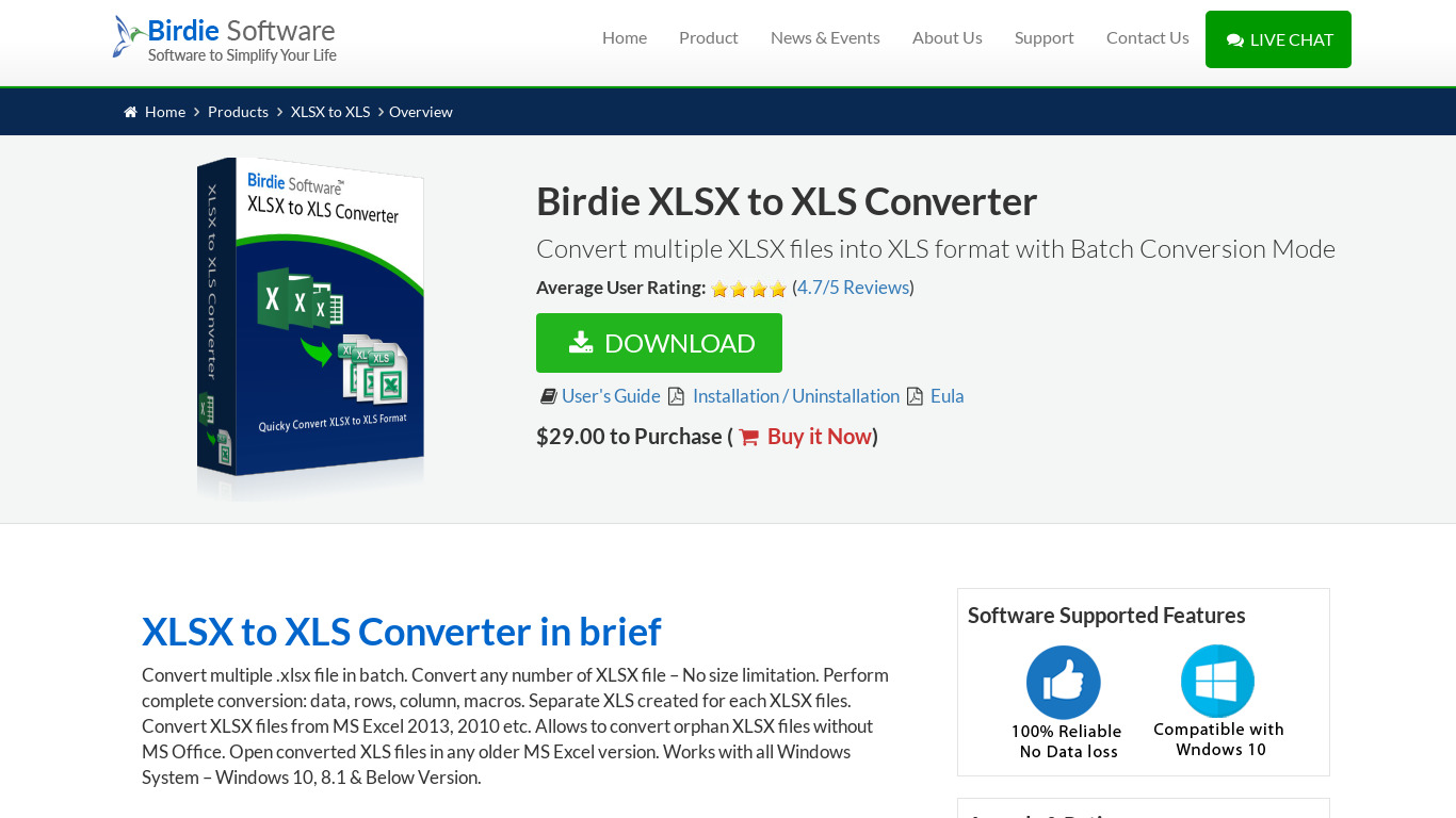 Birdie XLSX to XLS Converter Landing page