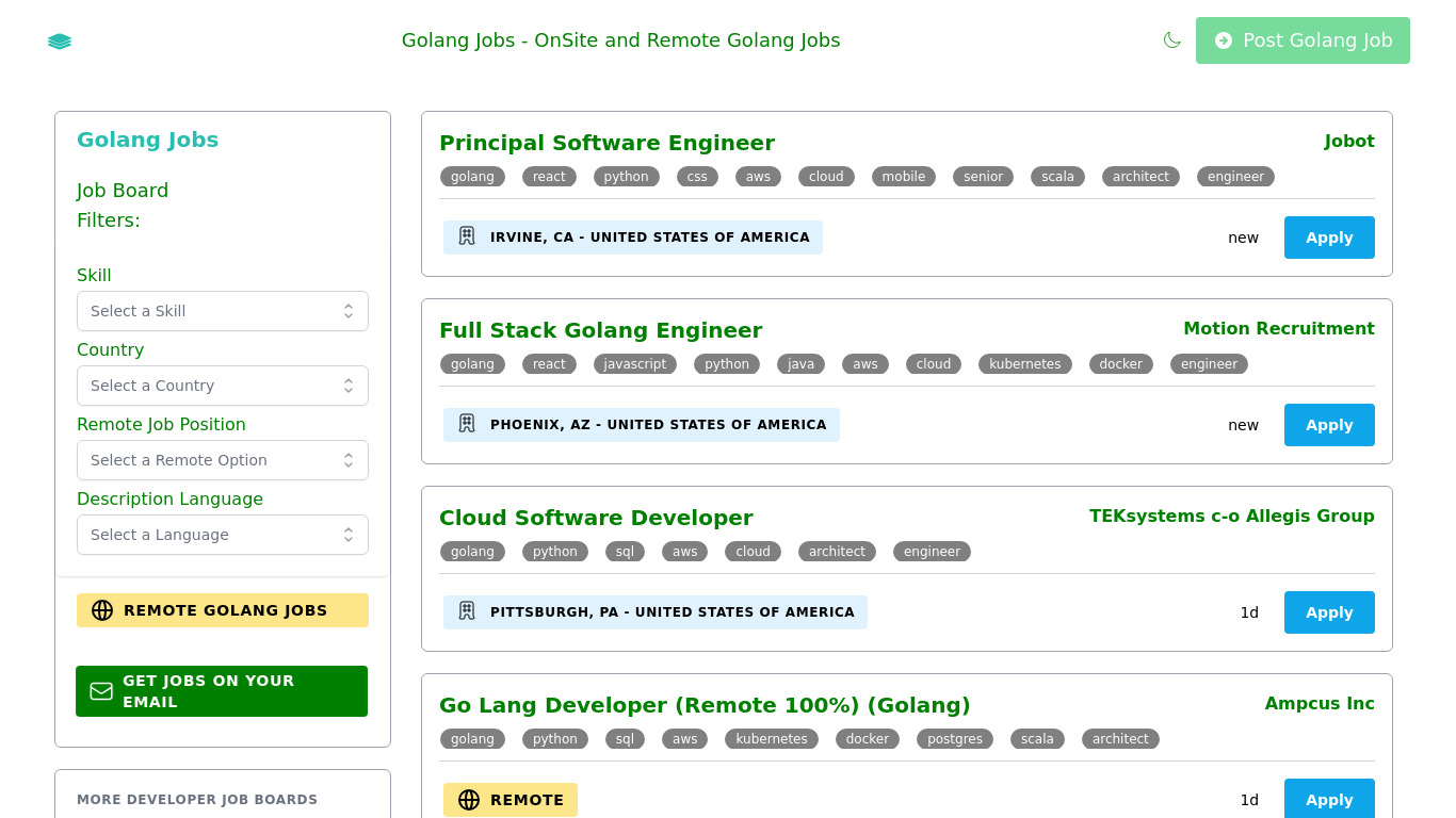 Golang Developer Jobs Landing page