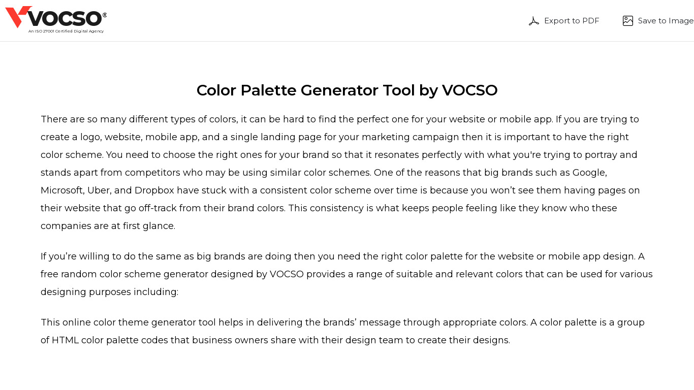 Vocso Color Palette Generator Landing page