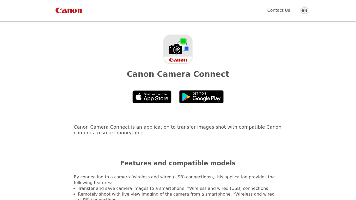Canon Camera Connect Landing page
