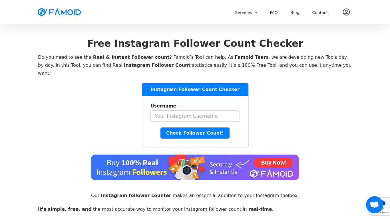 Famoid Instagram Follower Count Checker Landing page