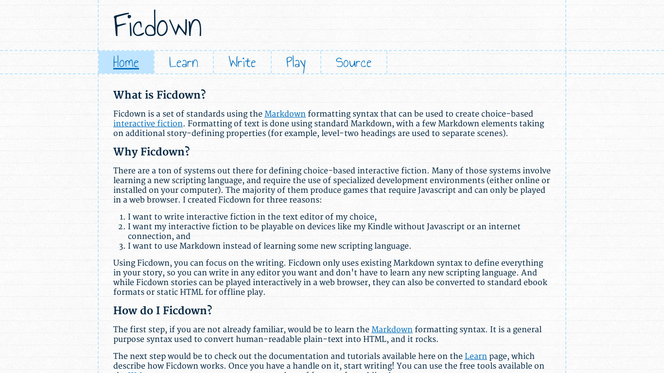 Ficdown Landing page