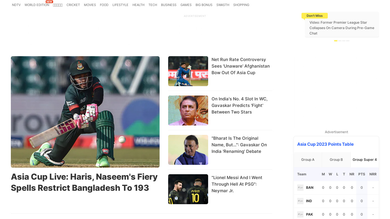 NDTV Sports Landing page