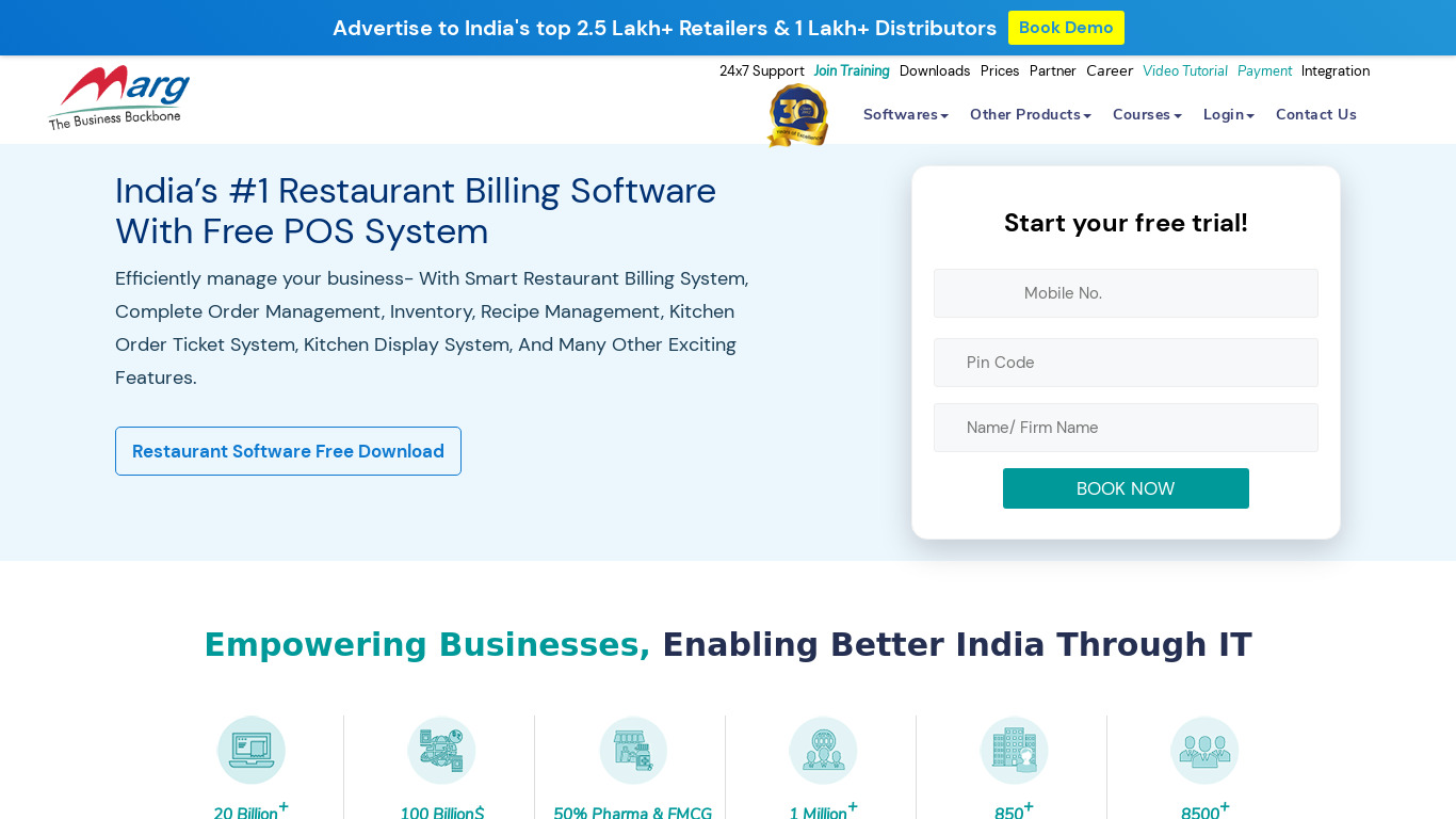 Marg Restaurant Software Landing page