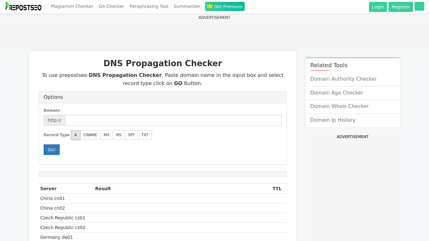 Prepostseo DNS Propagation Checker Landing page