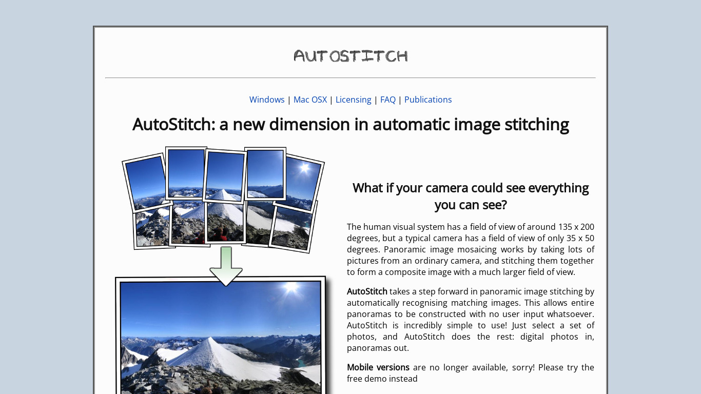 AutoStitch Panorama Landing page