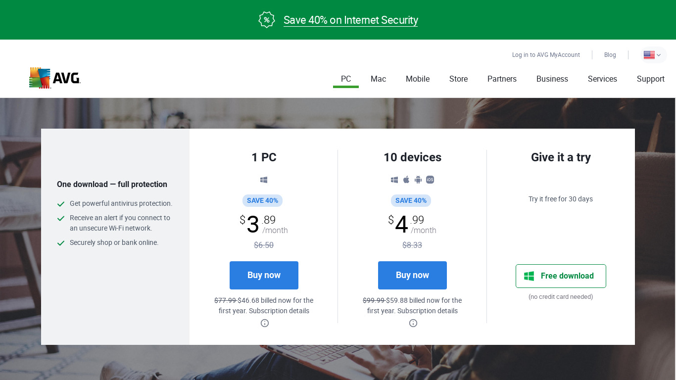 AVG Internet Security Landing page