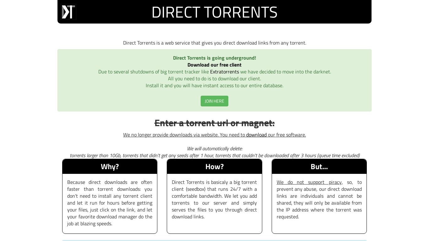Direct Torrents Landing page