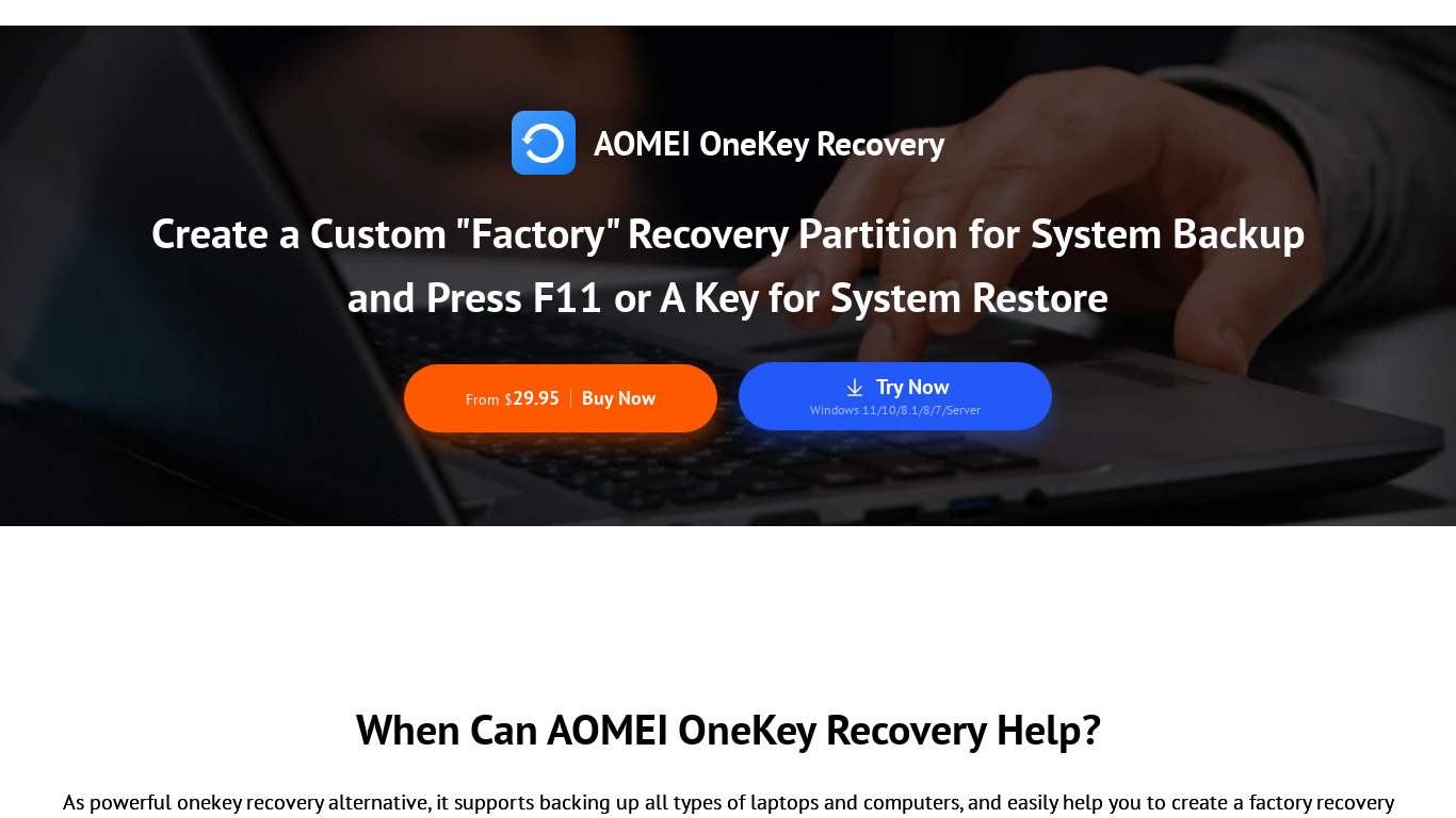 AOMEI OneKey Recovery Landing page