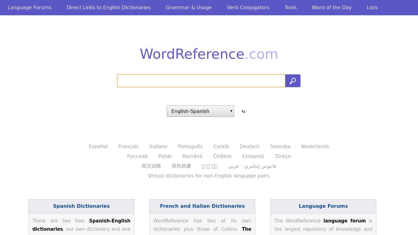 WordReference Landing page