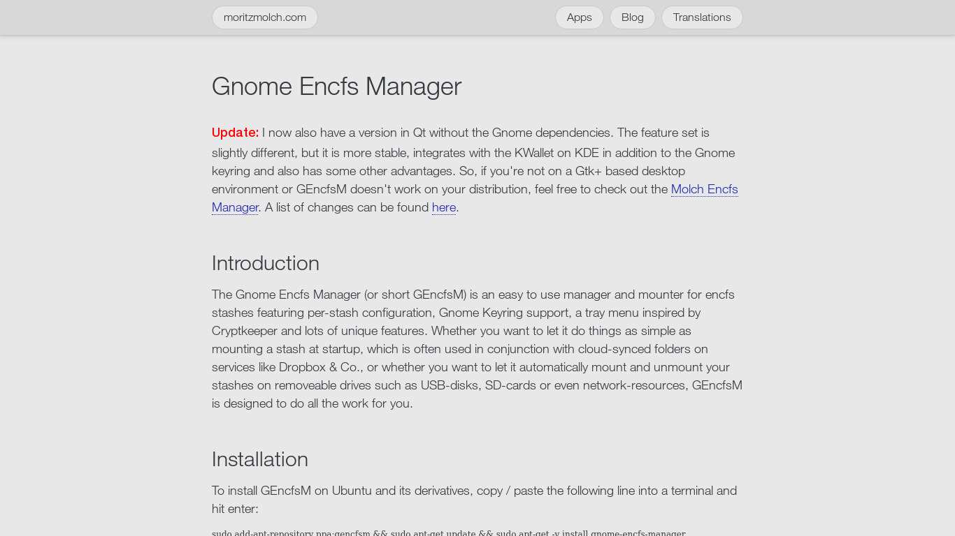 Gnome Encfs Manager Landing page
