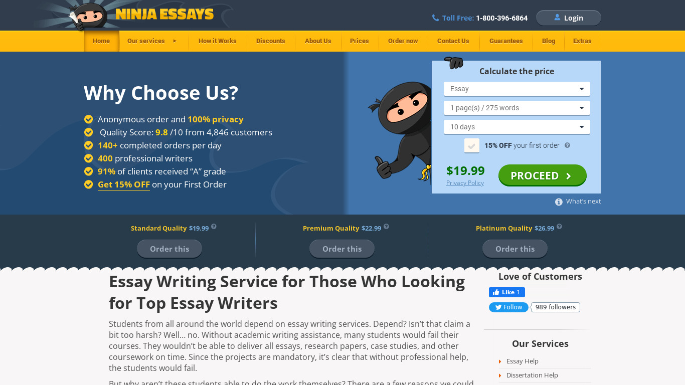 Ninja Essays Landing page