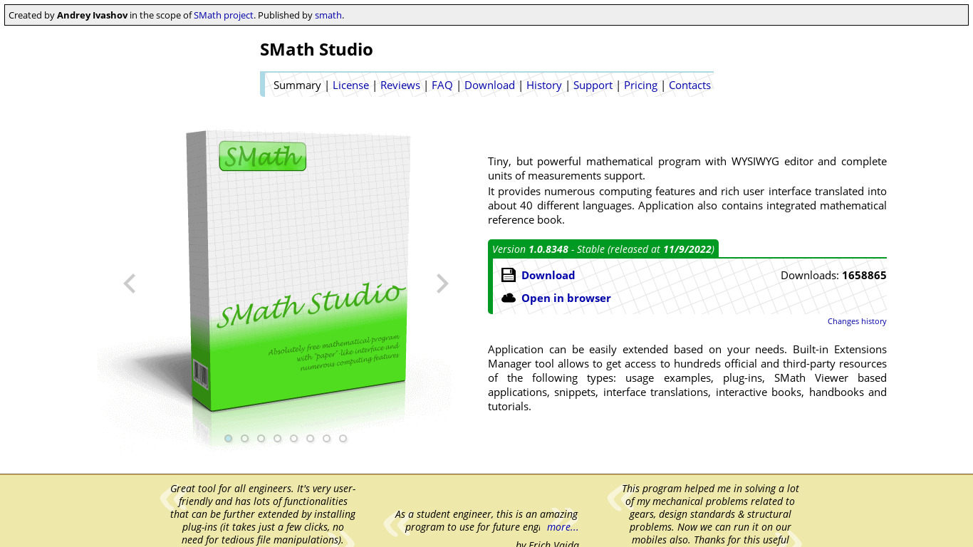SMath Studio Landing page