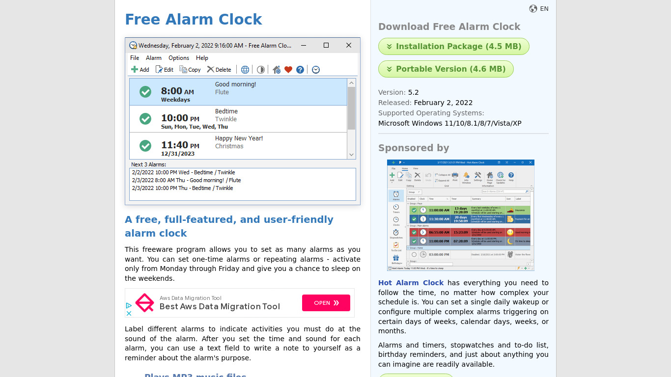 Free Alarm Clock Landing page