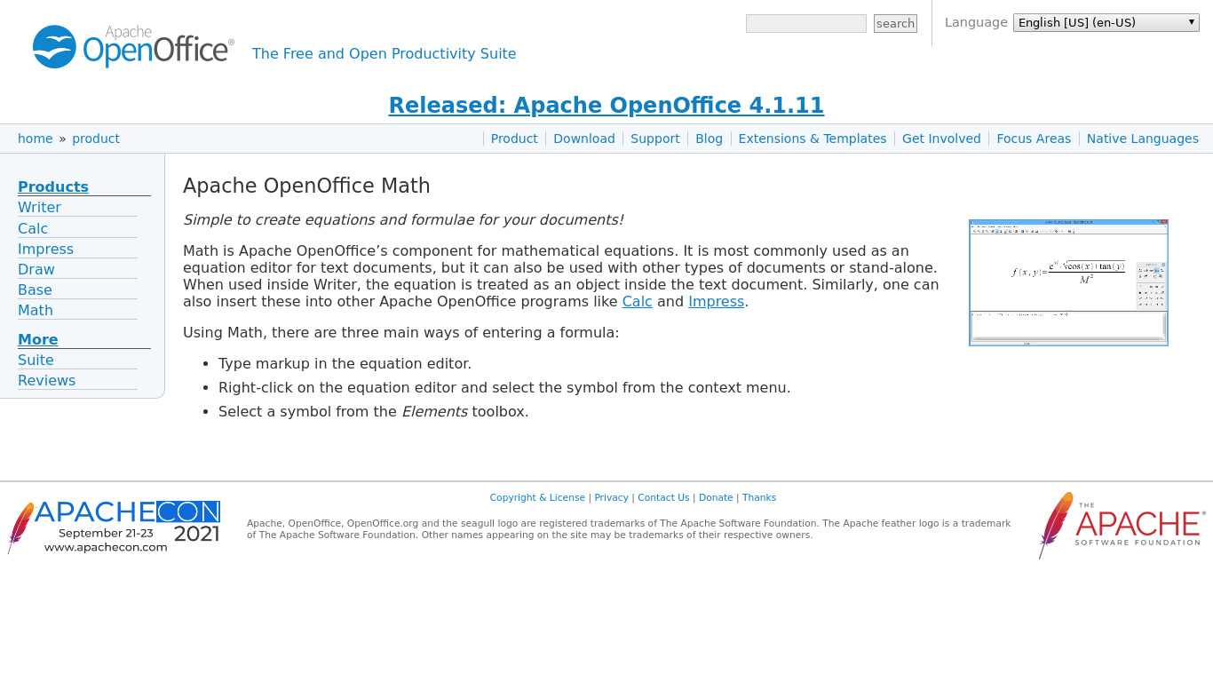 Apache OpenOffice Math Landing page