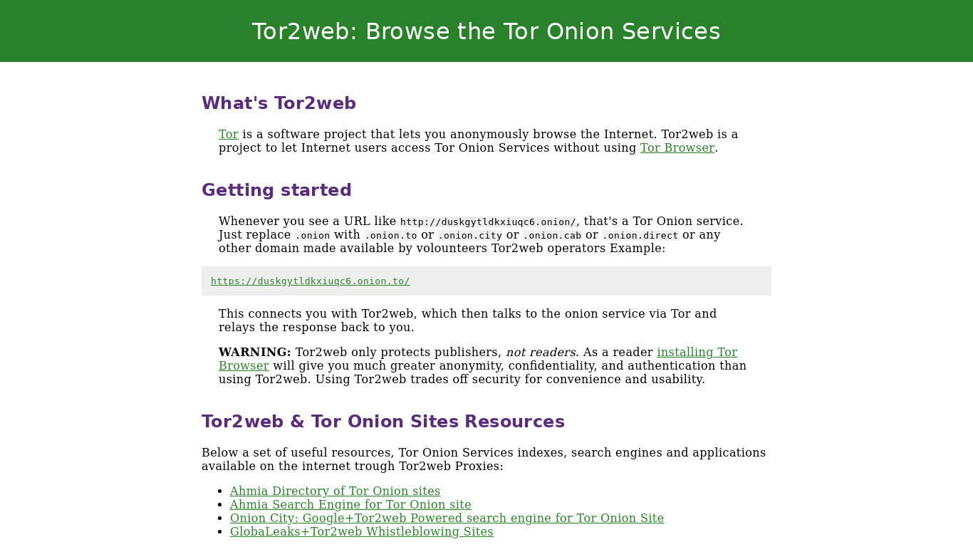 Tor2web Landing page