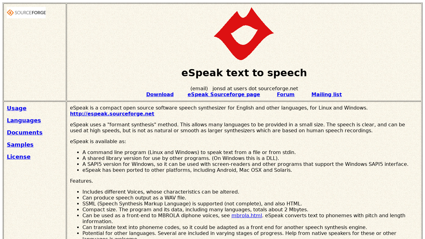 eSpeak Landing page