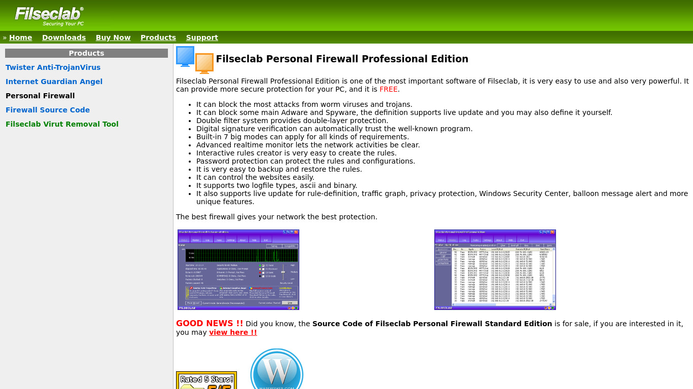 Filseclab Personal Firewall Landing page