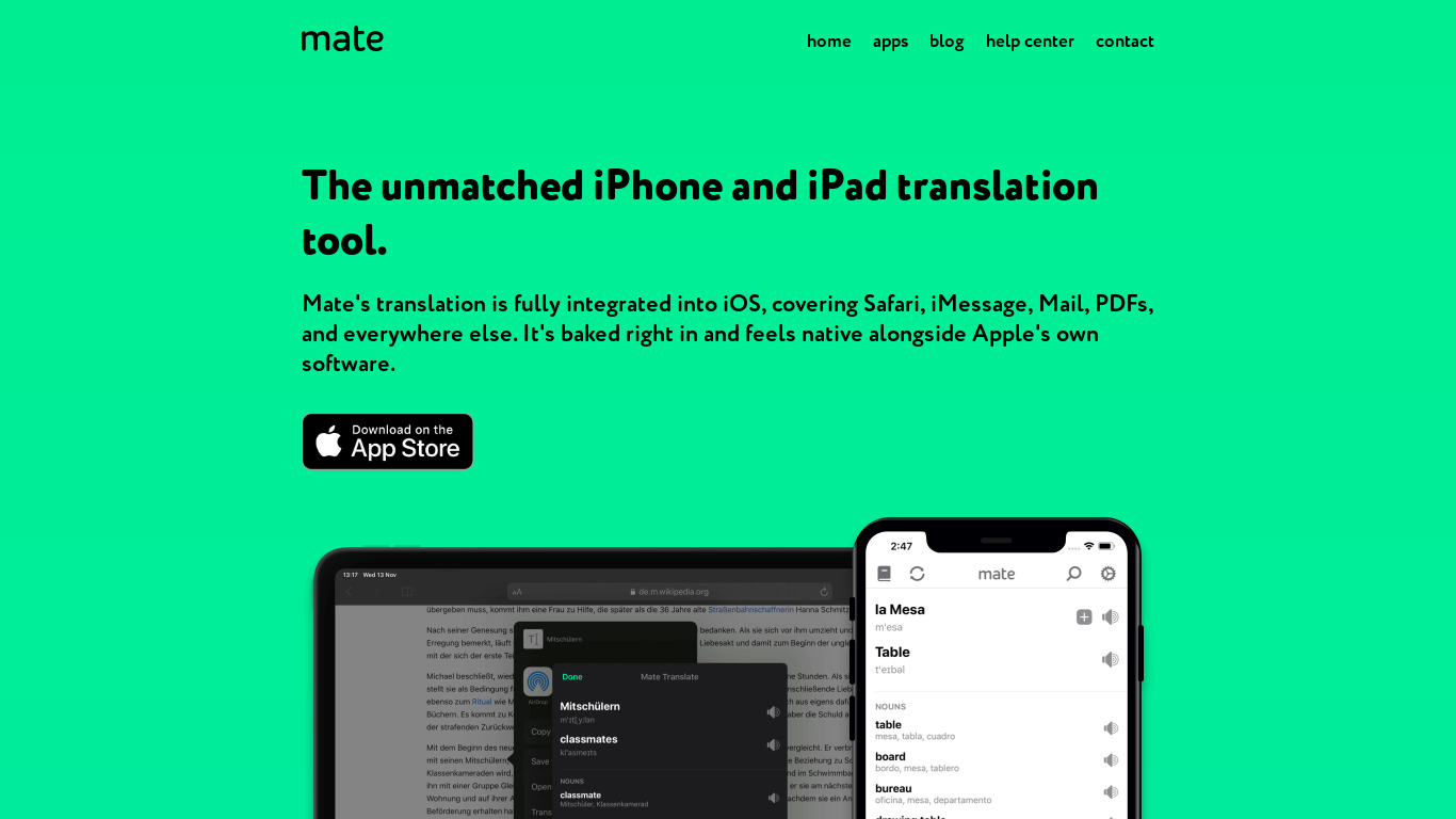 Mate Translate iOS Safari Extension Landing page