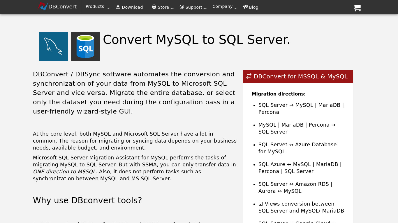 DBConvert MySQL to SQL Server Landing page