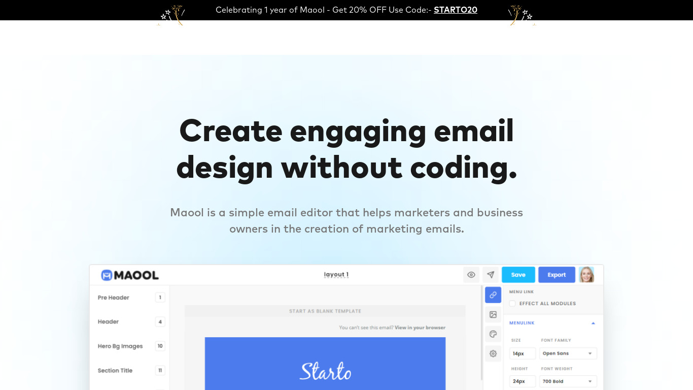 Maool Email Editor Landing page
