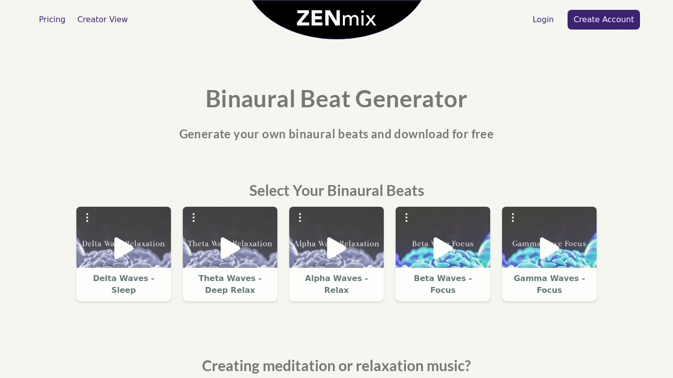 Binaural Beat Generator Landing page